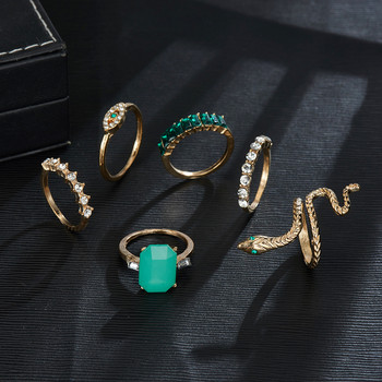 6 бр./компл. луксозни пръстени със зелени кристали за жени, винтидж, кристална змия, регулируем метален комплект пръстени, бижута, безплатна доставка