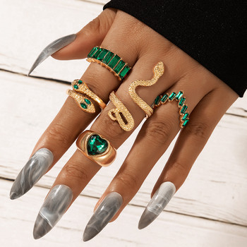 6 бр./компл. луксозни пръстени със зелени кристали за жени, винтидж, кристална змия, регулируем метален комплект пръстени, бижута, безплатна доставка