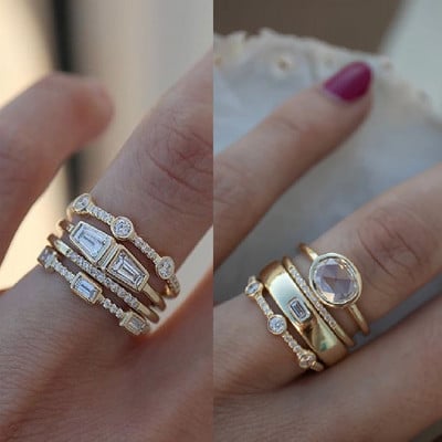 4 tk/komplekt Geomeetrilise kullavärvi kombinatsiooniga ümmargune tsirkoonkristallsõrmuste komplekt naistele kihluspeole abielusõrmused käeehted