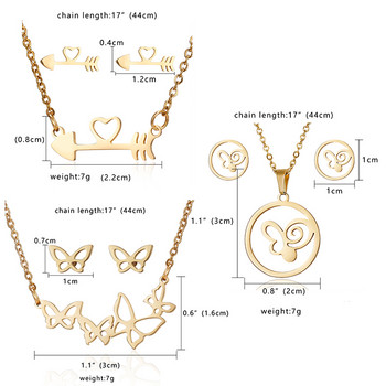 RINHOO Цвете Златен цвят Комплекти от неръждаема стомана за жени Усмивка Лице Пеперуда Рибна кост Колие Комплект обеци Сватбени бижута