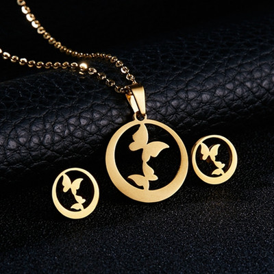 RINHOO gėlių aukso spalvos nerūdijančio plieno rinkiniai moterims šypsenos veidui drugelio žuvies kaulo karoliai auskarų rinkinys vestuviniai papuošalai