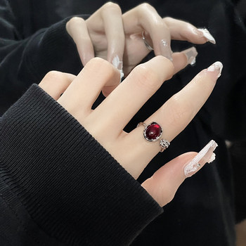 Неправилни пръстени с камък, естетично момиче, кухи пръстени с червен камък за жени Y2K цветна пъпка, отворен пръстен, старинни аксесоари за бижута