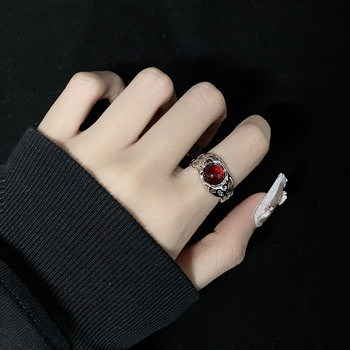 Ακανόνιστα δαχτυλίδια με πέτρινη αισθητική για κορίτσια Κούφια κόκκινα πέτρινα δαχτυλίδια για γυναίκες Y2K Ανοιχτό δαχτυλίδι Flower Bud Vintage Αξεσουάρ κοσμημάτων