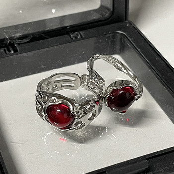 Неправилни пръстени с камък, естетично момиче, кухи пръстени с червен камък за жени Y2K цветна пъпка, отворен пръстен, старинни аксесоари за бижута