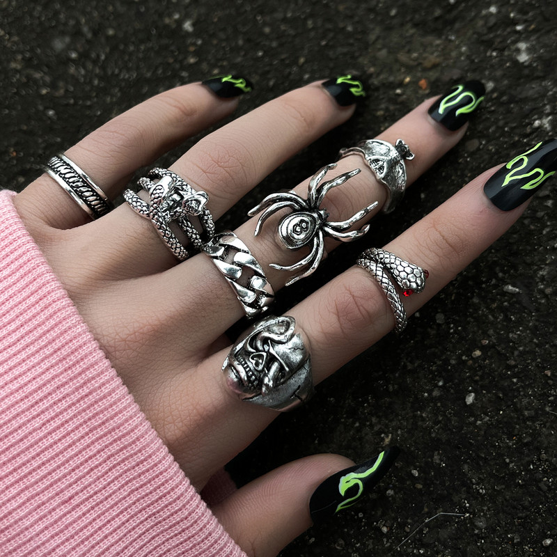 Aprilwell Set de inele cu șarpe punk pentru femei, păianjen gotic, Kpop, grunge, bărbați, inele răsucite, bijuterii de modă, cadouri, accesorii voluminoase