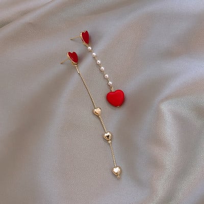 Cercei coreeani noi, asimetrici, cu inimă roșie, pentru femei, creativ, cu gol ECG, cu ciucuri, cu zircon, cu perle, cadou de bijuterii de petrecere pentru fete