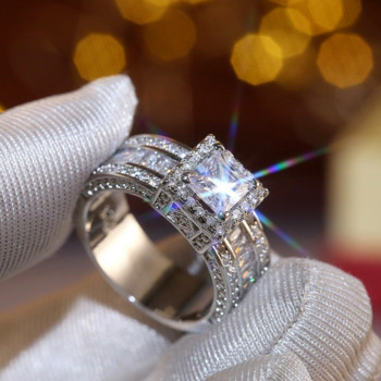 Супер блестящ дамски мъжки моден пръстен Изискан сребърен цвят с инкрустирани цирконови камъни Брачни пръстени за жени Годежни бижута