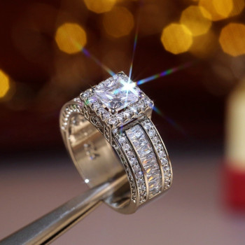 Супер блестящ дамски мъжки моден пръстен Изискан сребърен цвят с инкрустирани цирконови камъни Брачни пръстени за жени Годежни бижута