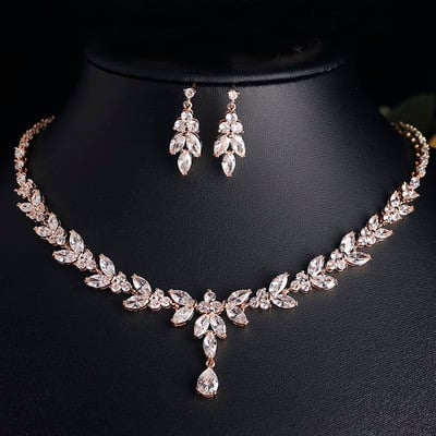 Set de bijuterii pentru cercei cu frunze rafinate Uilz pentru femei Accesorii pentru petrecerea de nunta Cercei cu zirconiu Seturi de colier cadou pentru mireasa