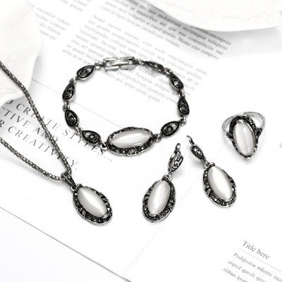 ZOSHI 4ks Vintage Opal Stone Šperky Set Módny prívesok Náhrdelník Set Antique Šperky Párty Kostým Svadobné Šperky Sety