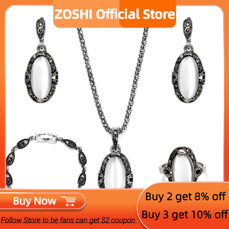 ZOSHI 4db Vintage opál kő ékszer szett divat medál nyaklánc szett antik ékszer parti jelmez menyasszonyi ékszer készletek