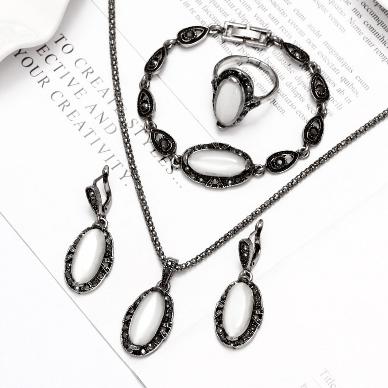 ZOSHI 4db Vintage opál kő ékszer szett divat medál nyaklánc szett antik ékszer parti jelmez menyasszonyi ékszer készletek