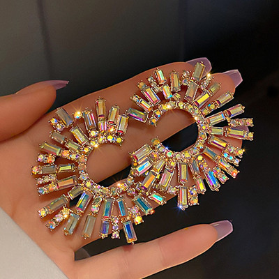 Луксозни преувеличени кристални обеци, голям кръг, цвете, лъскави обеци с кристали за жени Модерни модни бижута за 2022 г.