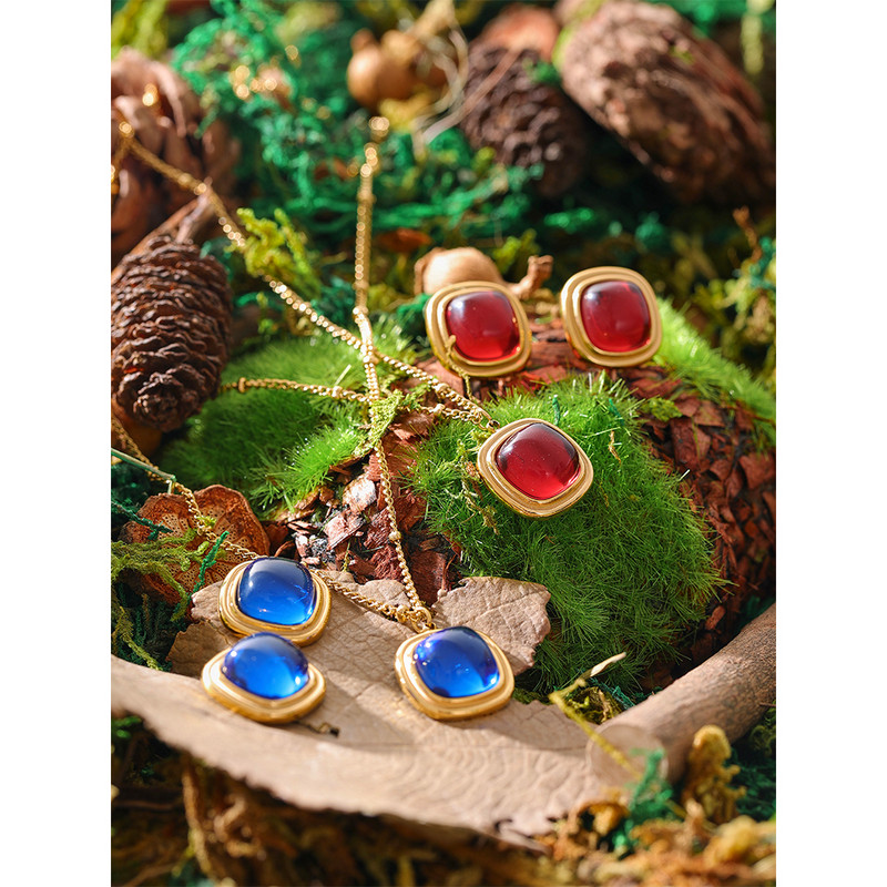 Yhpup kvadratiniai raudoni mėlyni krištoliniai auskarai pakabukai karoliai iš nerūdijančio plieno papuošalų rinkiniai moterims mada Prancūzija žavesys Joyas