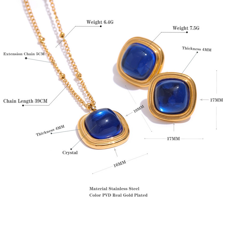 Yhpup kvadratiniai raudoni mėlyni krištoliniai auskarai pakabukai karoliai iš nerūdijančio plieno papuošalų rinkiniai moterims mada Prancūzija žavesys Joyas