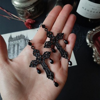Готически черен кръст Гранат и кристален полилей Обеци Големи изразителни бижута Trad Goth Witchy Модни дамски подаръци Средновековни