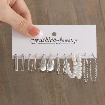 Сребърен цвят Перла Twist Hoop обеци комплект за жени бижута pendientes реколта кръг геометрични висящи обеци модерни подаръци