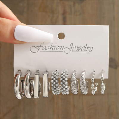 Hõbedase värvi pärliga keerdkõrvarõngaste komplekt naistele Ehted pendientes Vintage ringjoonega geomeetrilised rippuvad kõrvarõngad trendikad kingitused