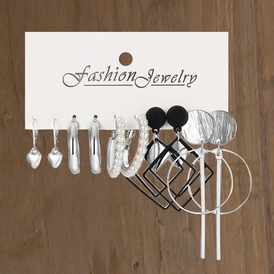 Hõbedase värvi pärliga keerdkõrvarõngaste komplekt naistele Ehted pendientes Vintage ringjoonega geomeetrilised rippuvad kõrvarõngad trendikad kingitused