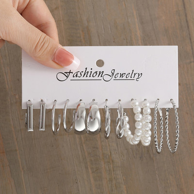 Hõbedase värvi pärliga keerdkõrvarõngaste komplekt naistele Ehted pendientes Vintage ringjoonega geomeetrilised rippuvad kõrvarõngad trendikad kingitused