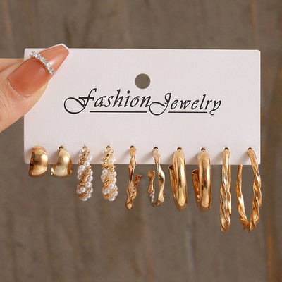 Hõbedase värvi pärliga keerdkõrvarõngaste komplekt naistele Ehted pendientes Vintage ringjoonega geomeetrilised rippuvad kõrvarõngad trendikad kingitused