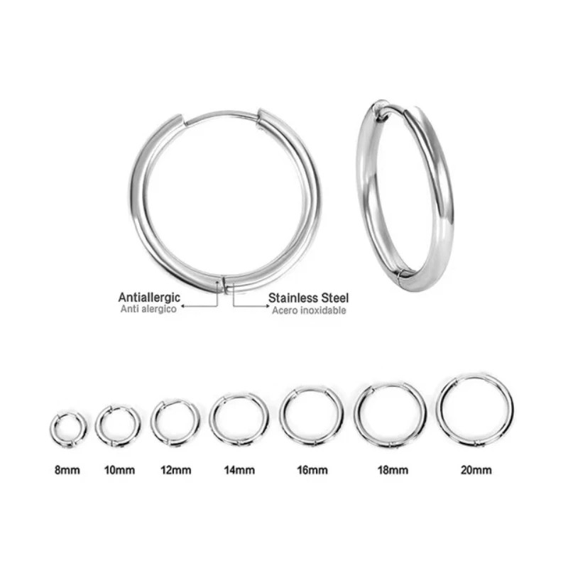 2 ks 8-20 mm veľké malé pánske dámske kruhové náušnice z nehrdzavejúcej ocele, módne teenagerské punkové gotické okrúhle náušnice, šperky, doprava zadarmo