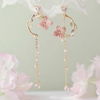 Κορεατική μόδας γάτα τριαντάφυλλο λουλούδι φούντα σκουλαρίκια για γυναίκες με κρυστάλλινα μαργαριτάρια κρέμονται ασύμμετρα κοσμήματα γαμήλιου πάρτι γλυκό δώρο