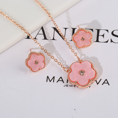 Zlrcon Flowers Flve Leaf Petale Femei Lovely Sweet Fashlon Bijuterii Set 2pc Pandantiv Colier Cercei Brldal Glfts Hlgh Quallty