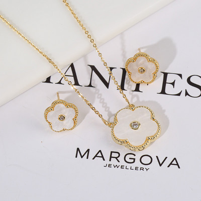 Zlrcon Flowers Flve Leaf Petale Femei Lovely Sweet Fashlon Bijuterii Set 2pc Pandantiv Colier Cercei Brldal Glfts Hlgh Quallty