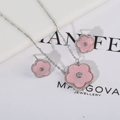 Zlrcon Flowers Flve Leaf Petale Femei Lovely Sweet Fashlon Bijuterii Set 2pc Pandantiv Colier Cercei Brldal Glfts Hlgh Quallty