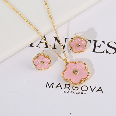 Zlrcon Flowers Flve Leaf Petale Femei Lovely Sweet Fashlon Bijuterii Set 2pc Pandantiv Colier Cercei Brldal Glfts Hlgh Quallty