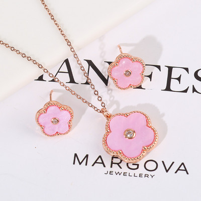 Zlrcon Flowers Flve Leaf Petale Femei Lovely Sweet Fashlon Bijuterii Set 2pc Pandantiv Colier Cercei Brldal Glfts Hlgh Quallty