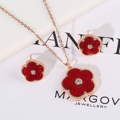 Zlrcon Flowers Flve Leaf Petale Femei Lovely Sweet Fashlon Bijuterii Set 2pc Pandantiv Colier Cercei Brldal Glfts Hlgh Quallty