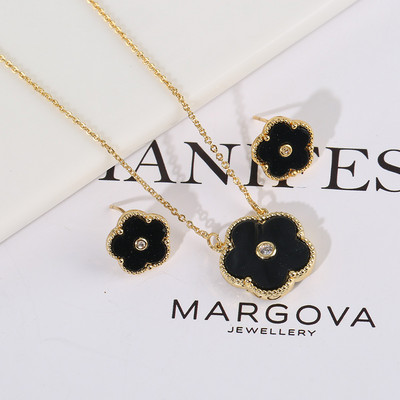 Zlrcon Flowers Flve Leaf Petale Femei Lovely Sweet Fashlon Bijuterii Set 2pc Pandantiv Colier Cercei Brldal Glfts Hlgh Quallty