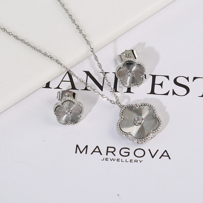 Zlrcon Flowers Flve Leaf Petale Femei Lovely Sweet Fashlon Bijuterii Set 2pc Pandantiv Colier Cercei Brldal Glfts Hlgh Quallty