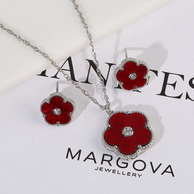 Zlrcon Flowers Flve Leaf Petale Femei Lovely Sweet Fashlon Bijuterii Set 2pc Pandantiv Colier Cercei Brldal Glfts Hlgh Quallty