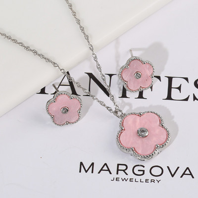 Zlrcon Flowers Flve Leaf Petale Femei Lovely Sweet Fashlon Bijuterii Set 2pc Pandantiv Colier Cercei Brldal Glfts Hlgh Quallty