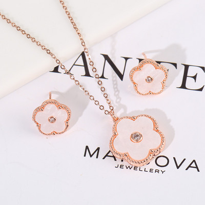 Zlrcon Flowers Flve Leaf Petale Femei Lovely Sweet Fashlon Bijuterii Set 2pc Pandantiv Colier Cercei Brldal Glfts Hlgh Quallty