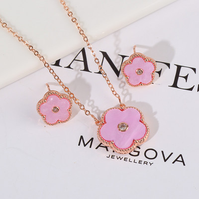 Zlrcon Flowers Flve Leaf Petale Femei Lovely Sweet Fashlon Bijuterii Set 2pc Pandantiv Colier Cercei Brldal Glfts Hlgh Quallty