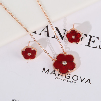 Zlrcon Flowers Flve Leaf Petale Femei Lovely Sweet Fashlon Bijuterii Set 2pc Pandantiv Colier Cercei Brldal Glfts Hlgh Quallty