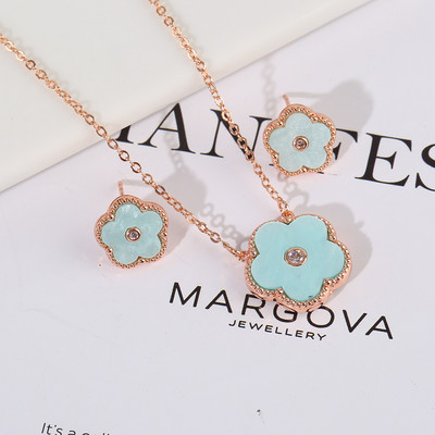 Zlrcon Flowers Flve Leaf Petale Femei Lovely Sweet Fashlon Bijuterii Set 2pc Pandantiv Colier Cercei Brldal Glfts Hlgh Quallty