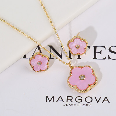 Zlrcon Flowers Flve Leaf Petale Femei Lovely Sweet Fashlon Bijuterii Set 2pc Pandantiv Colier Cercei Brldal Glfts Hlgh Quallty