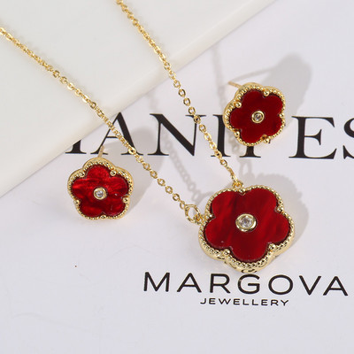 Zlrcon Flowers Flve Leaf Petale Femei Lovely Sweet Fashlon Bijuterii Set 2pc Pandantiv Colier Cercei Brldal Glfts Hlgh Quallty