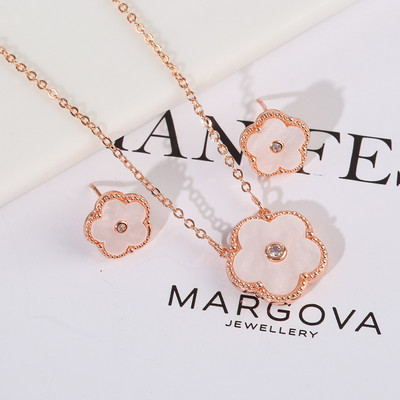 Zlrcon Flowers Flve Leaf Petale Femei Lovely Sweet Fashlon Bijuterii Set 2pc Pandantiv Colier Cercei Brldal Glfts Hlgh Quallty