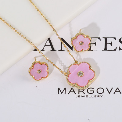 Zlrcon Flowers Flve Leaf Petale Femei Lovely Sweet Fashlon Bijuterii Set 2pc Pandantiv Colier Cercei Brldal Glfts Hlgh Quallty