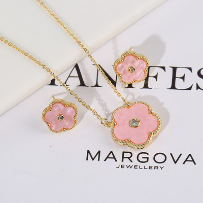 Zlrcon Flowers Flve Leaf Petale Femei Lovely Sweet Fashlon Bijuterii Set 2pc Pandantiv Colier Cercei Brldal Glfts Hlgh Quallty