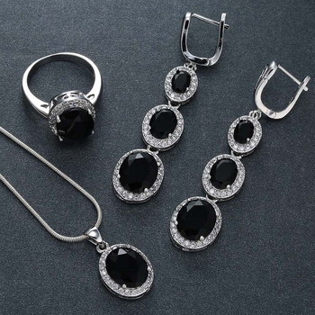 Луксозно сребърно покритие с овална изрезка с кубичен цирконий Сватбен комплект бижута Черни скъпоценни камъни Кристална огърлица Коктейлно парти Дамски бижута Подарък