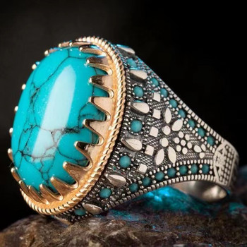 Ръчно изработени турски бижута Големи овални пръстени с естествен тюркоазен камък за мъже Ретро зелени, червени, сини сватбени пръстени с циркон за жени