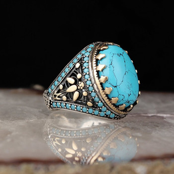 Χειροποίητα τουρκικά κοσμήματα Μεγάλα οβάλ δαχτυλίδια από φυσική τιρκουάζ πέτρα για άνδρες Ρετρό πράσινο κόκκινο μπλε ζιργκόν Βέρες γάμου για γυναίκες