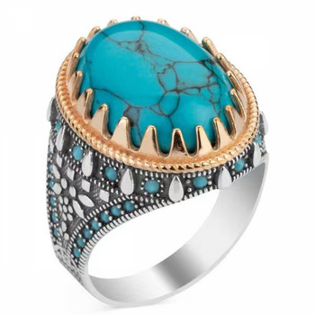 Χειροποίητα τουρκικά κοσμήματα Μεγάλα οβάλ δαχτυλίδια από φυσική τιρκουάζ πέτρα για άνδρες Ρετρό πράσινο κόκκινο μπλε ζιργκόν Βέρες γάμου για γυναίκες